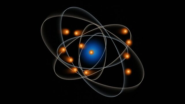 A detailed 3D illustration of an abstract atom model with glowing electrons and a bright blue nucleus.