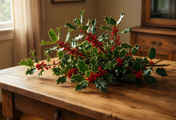 Fototapeta premium Christmas holiday decoration, fresh holly branches with red berries on a rustic wooden table for seasonal home interior and festive winter celebration