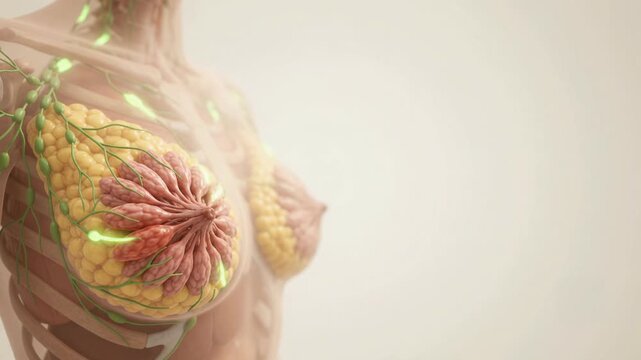Female Breast Anatomy Tumor - Internal Structure with Highlighted Abnormality and Lymphatic System - 3D Medical Animation 4K Footage