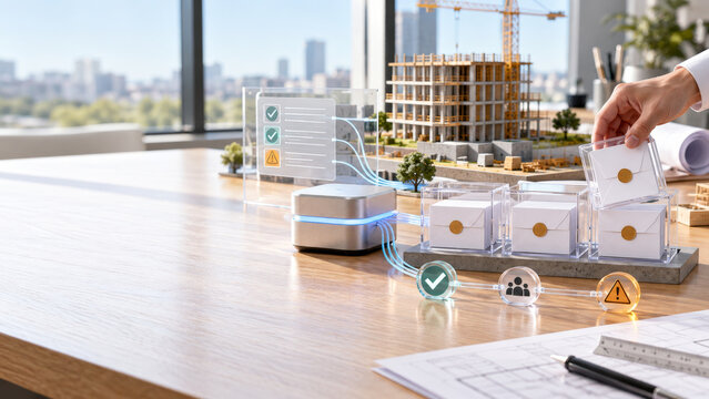 Construction tender review with transparent AI integrity check, architectural model, compliance approval, and conflict alert in office setting