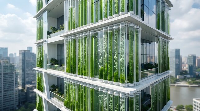 Innovative eco skyscraper with vertical microalgae bioreactor panels for sustainable urban architecture