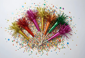 Fototapeta premium Celebration and party planning, colorful metallic party horns and confetti for birthday anniversary or festive holiday event on a white background