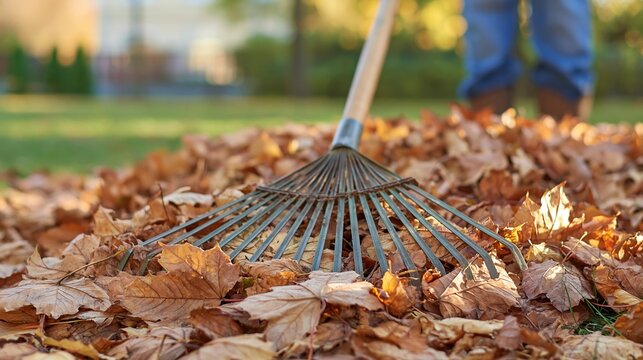 Close-up of a rake gathering fallen autumn leaves in a garden, symbolizing seasonal yard work and cleanup