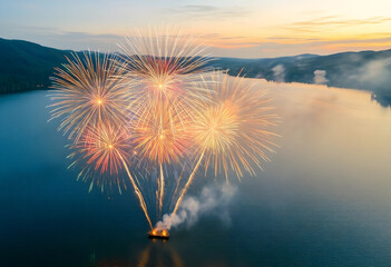 Fototapeta premium Celebration and independence day fireworks, aerial view of pyrotechnic display over a calm lake at sunset with mountain landscape and golden light