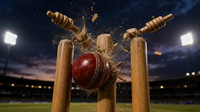 Cricket ball smashing wooden wickets with flying bails and explosive debris during an intense stadium night match captured using high speed macro photography