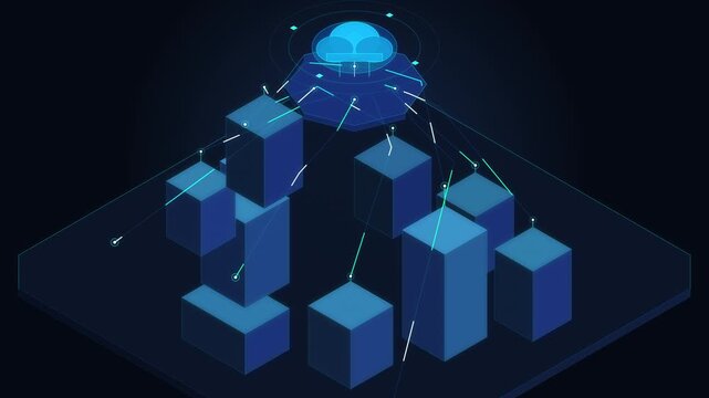 Futuristic isometric cloud computing data center network animation