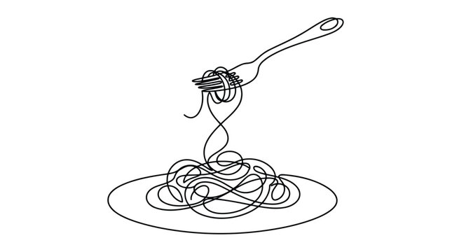 Single continuous line drawing of fork and spaghetti pasta on a plate minimalist vector illustration of italian food concept