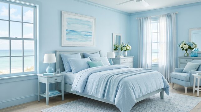 Pastel blue coastal bedroom interior featuring large windows with ocean views soft bed linens matching bedside tables elegant artwork and bright natural morning sunlight