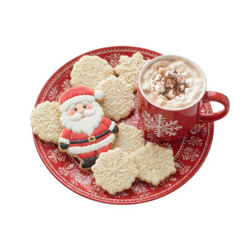 Christmas cookies with santa claus shape and hot chocolate on red plate isolated on transparent background