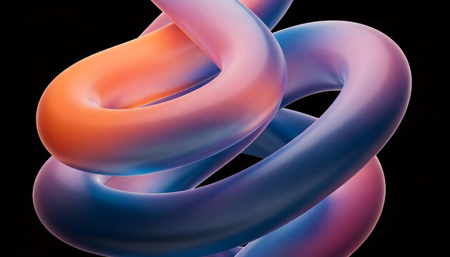 Smooth gradient toroidal knot in vibrant orange and royal blue. Contemporary minimalist 3D sculpture concept. Soft matte curved tubes intertwining against a solid black backdrop