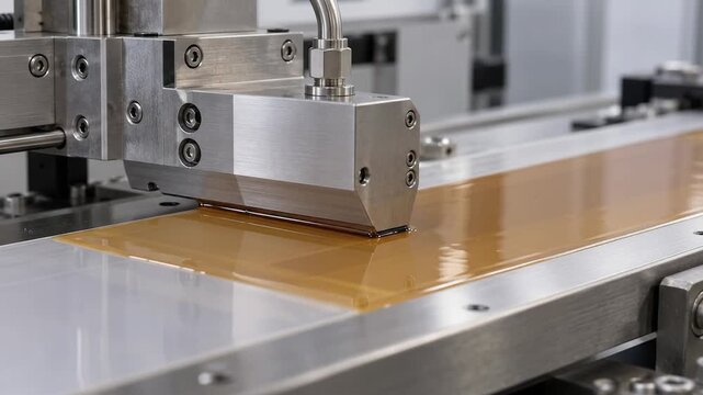 Amber thin film on a moving coating stage beneath a slot die