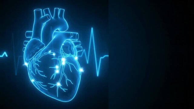 Human Heart Anatomy - Blue Neon Glow with EKG Heartbeat Monitor Line - Futuristic Medical Digital Animation