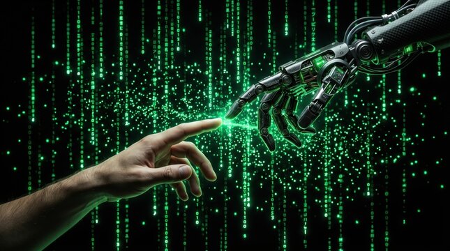Advanced artificial intelligence robotic hand and human hand reaching out to touch each other against glowing green digital matrix code background representing future technology