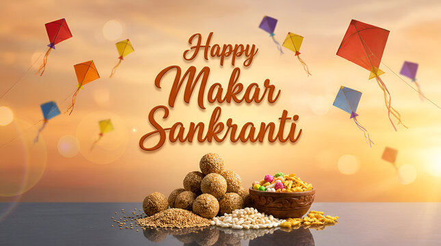 Happy Makar Sankranti Festive Scene with Til Ladoo Sweets, Snacks, and Flying Kites in Golden Sky
