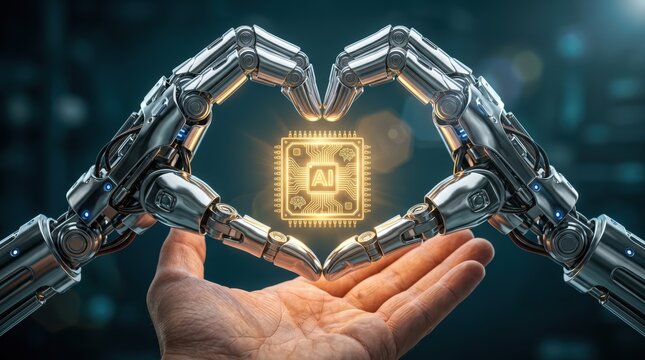 Robotic hands forming a heart shape above human palm while holding glowing artificial intelligence computer microchip in futuristic technology concept background