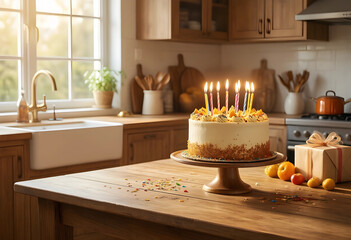 Fototapeta premium Birthday celebration and anniversary party, festive cake with lit candles and gift box on a wooden kitchen table in a cozy home interior at sunset