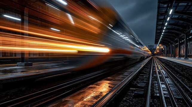 High-Speed Train Streaking Through Station at Night, Capturing Motion Blur and Light Trails
