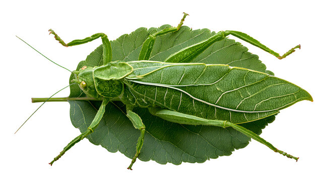 A professional studio shot of a leaf insect phyllium mimicking green leaf structure veins borders, clean PNG isolated on a solid white background