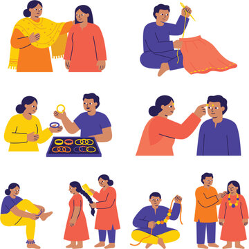 Indian festival clothing flat vector illustration set of eight scenes: trying on a shawl, hemming a skirt and choosing bangles