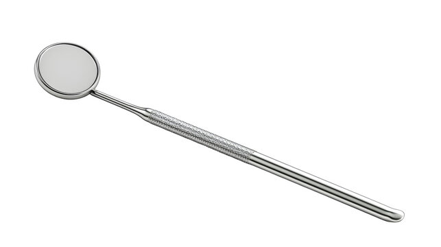 A professional studio shot of a dental mirror pick probe stainless steel dentist tools, clean PNG isolated on a solid white background