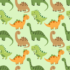 Obraz premium Cute dinosaur vector seamless pattern with T-Rex, Stegosaurus, and Brachiosaurus on soft pastel green background for nursery decor, baby apparel, and wallpaper.