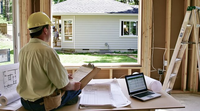 Construction worker with plans and laptop overseeing new home building site