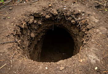 Fototapeta premium Danger and risk concept deep dark hole in the ground hidden hazards uncertainty and environmental instability in a rural landscape