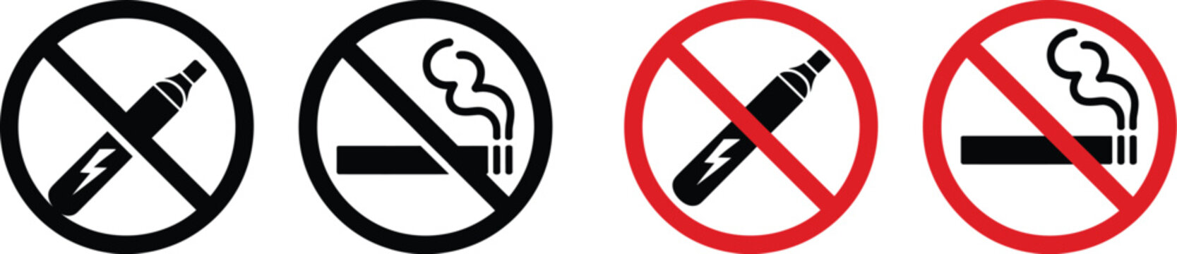 Red Prohibition Symbols Over Smoking Cigarette and Vape, universal black and white icon, no smoking, no vaping, restricted area warning vector illustration.
