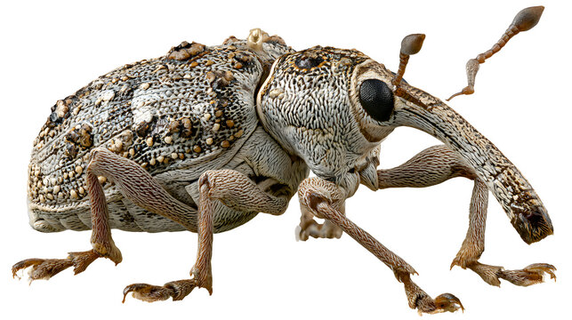 A professional studio shot of a weevil beetle long snout antennae unique insect profile, clean PNG isolated on a solid white background