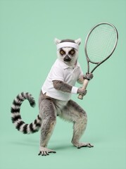 Fototapeta premium Ring tailed lemur in white polo shirt headband and wristband holding tennis racket in forehand stance on plain soft mint background isolated medium shot for funny tennis concepts