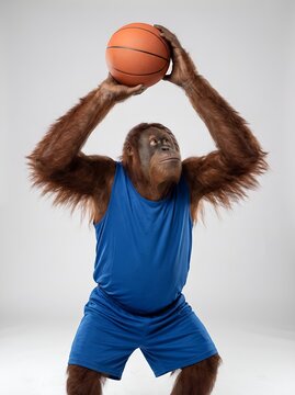 Orangutan in blue sleeveless basketball jersey and shorts raising plain orange basketball in shooting pose on plain light gray background isolated medium shot for funny sports concepts