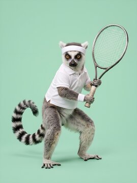 Ring tailed lemur in white polo shirt headband and wristband holding tennis racket in forehand stance on plain soft mint background isolated medium shot for funny tennis concepts