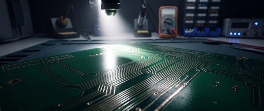 Electronic circuit board under magnification, closeup of intricate copper pathways, repair and assembly workplace, technology and engineering precision.