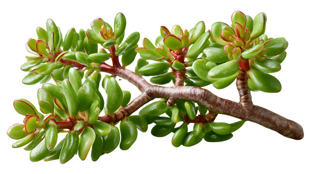 A professional studio shot of a jade plant crassula ovata succulent thick woody stems, clean PNG isolated on a solid white background