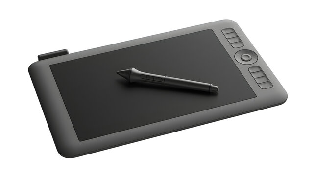 A professional studio shot of a digital drawing graphics tablet with stylus pen, clean PNG isolated on a solid white background