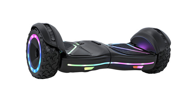 A professional studio shot of a electric self balancing hoverboard scooter led wheel lights, clean PNG isolated on a solid white background