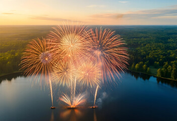 Fototapeta premium Celebration and holiday fireworks, aerial view of pyrotechnic display over a lake at sunset with forest landscape for festive events and summer festivals