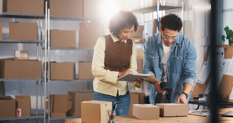 Team, scan and tablet with people in warehouse for tracking review, logistics and sku information....