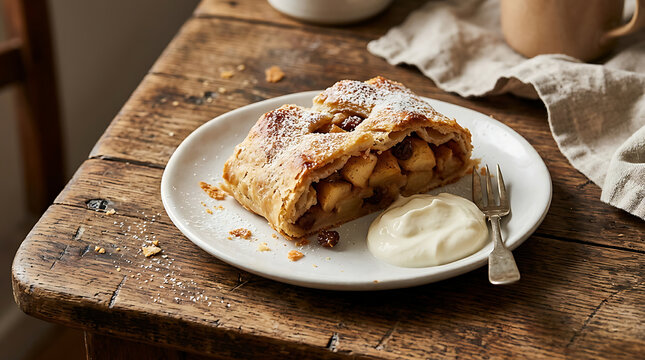 A slice of fresh apple strudel with cream on a rustic wooden table