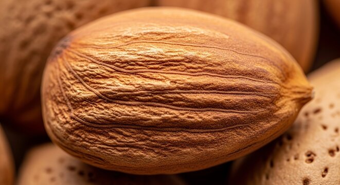 Almond sits centrally in extreme close-up detail showcasing its deeply lined wooden texture.