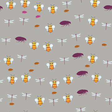 Cartoon insects pattern with bees, dragonflies, and fleas