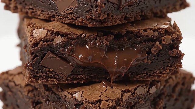 A stack of decadent fudge brownies with a molten chocolate center and a flaky crust.