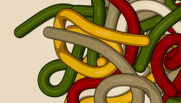 Glossy tangled ribbon network with red green gold and taupe loops illustration