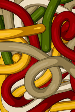 Interwoven red and olive loops with gold and neutral tubular strands illustration