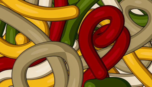 Oversized ribbon loops in red olive gold and taupe abstract composition illustration
