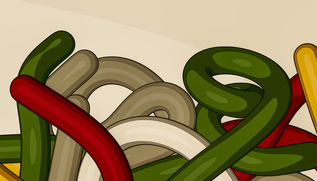 Sculptural olive loops with red taupe and cream strands against open background illustration
