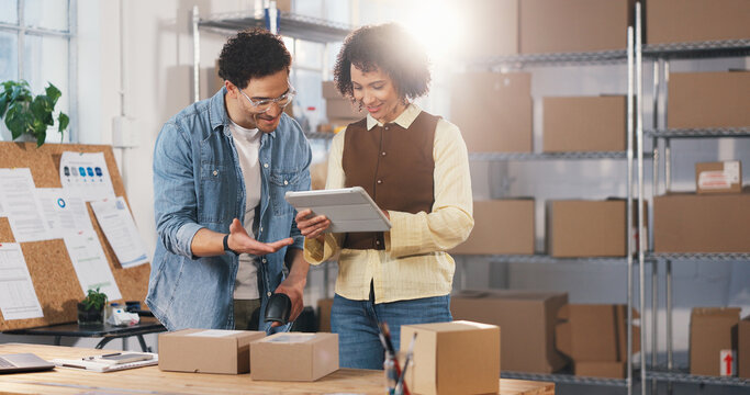 Delivery, scan and tablet with people in warehouse for tracking review, logistics and sku information. Collaboration, ecommerce barcode and inventory report with employees for order verification