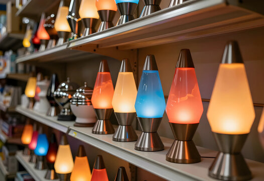 Retro interior design and nostalgia, colorful lava lamps glowing on store shelves for home decor and vintage lighting trends in a retail environment