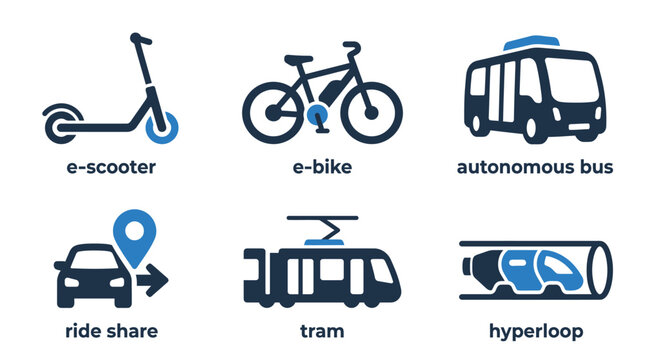 Modern urban transportation icons featuring electric scooter, bicycle, autonomous bus, and transit options