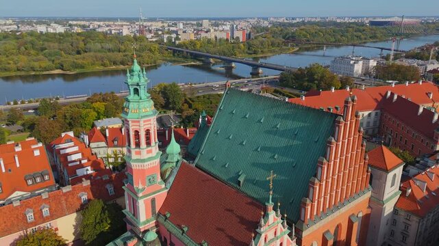 Aerial Drone View of Warsaw Old Town and Royal Castle on a Sunny Day